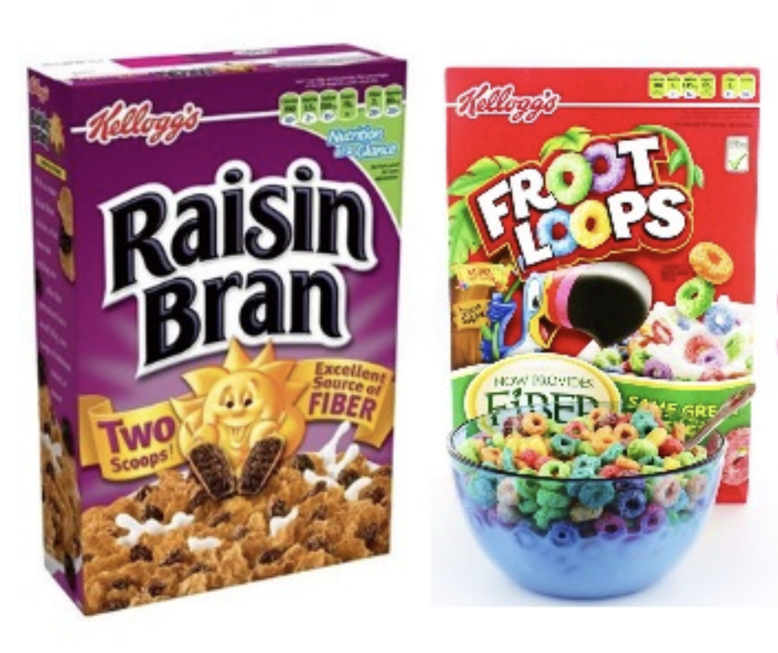 Kellogg's Raisin Bran and Froot Loops packaging